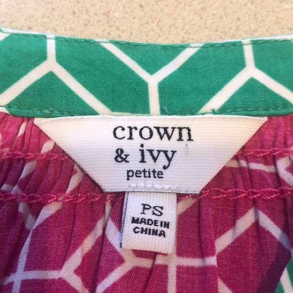 🔴 CROWN & IVY LONG SLEEVE GEOMETRIC PRINT BLOUSE PINK WHITE GREEN SIZE PS - Picture 9 of 14